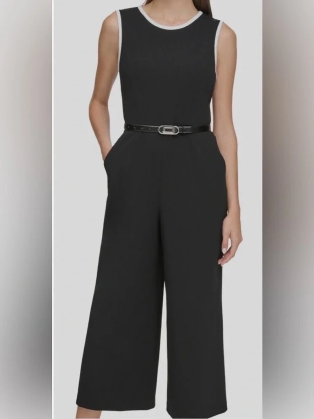 NWT Karl Lagerfeld Sleeveless Black Wide-Leg Jumpsuit with Contrast Trim